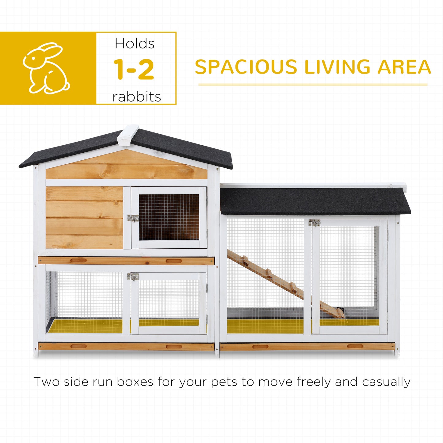 Rabbit Hutch Guinea Pig Hutch Wooden House with Run, 2 Tier Pet Cage Outdoor with No-leak Plastic Trays, 157.4 x 53 x 93.5cm