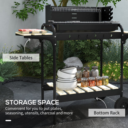 Charcoal Barbecue Grill with Adjustable Grill Height, Portable BBQ Trolley
