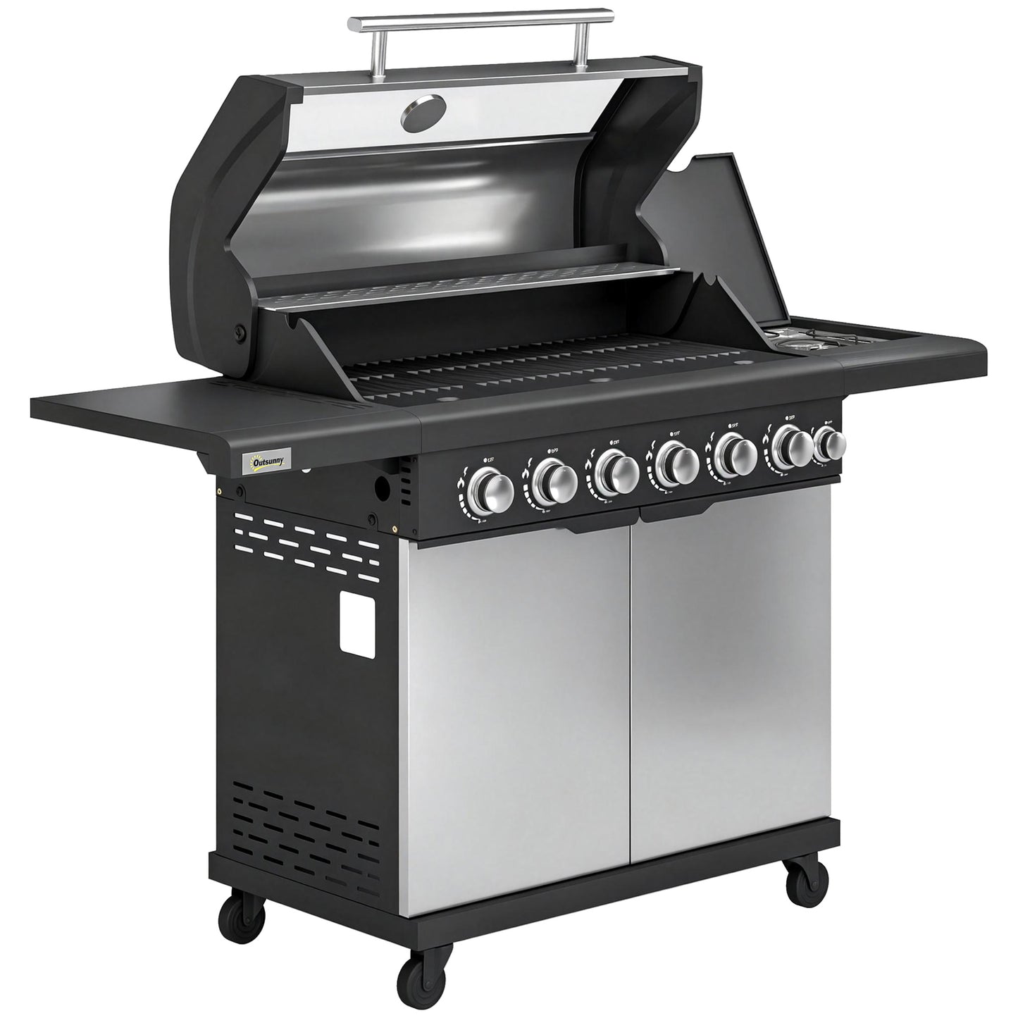 6+1 Burner Gas BBQ Grill, Outdoor Barbecue Trolley with Wheels, Warming Rack, Thermometer, Bottle Opener, Silver Tone