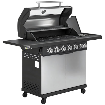 6+1 Burner Gas BBQ Grill, Outdoor Barbecue Trolley with Wheels, Warming Rack, Thermometer, Bottle Opener, Silver Tone