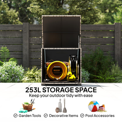 253L Garden Storage Box, Rattan Deck Box with Zipped Liner, Safe Pneumatic Rod, Patio Storage Container, Mixed Grey