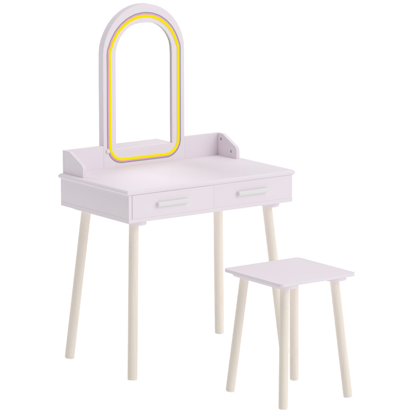 Kids Dressing Table, Girls Vanity Set with Stool, 3-Colour LED Lights Mirror, Large Drawer for Ages 3-8, Pink