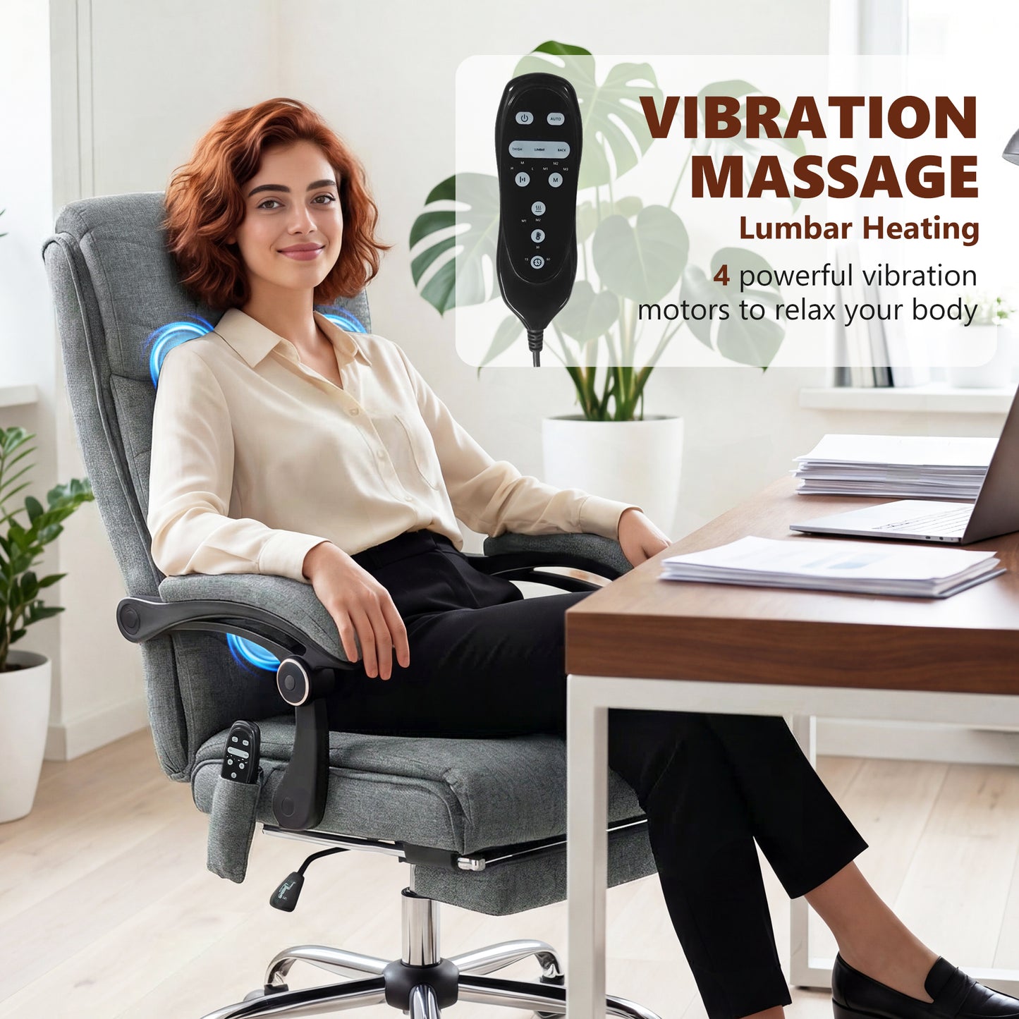 High Back Vibration Massage Office Chair with Footrest, Heated, Grey