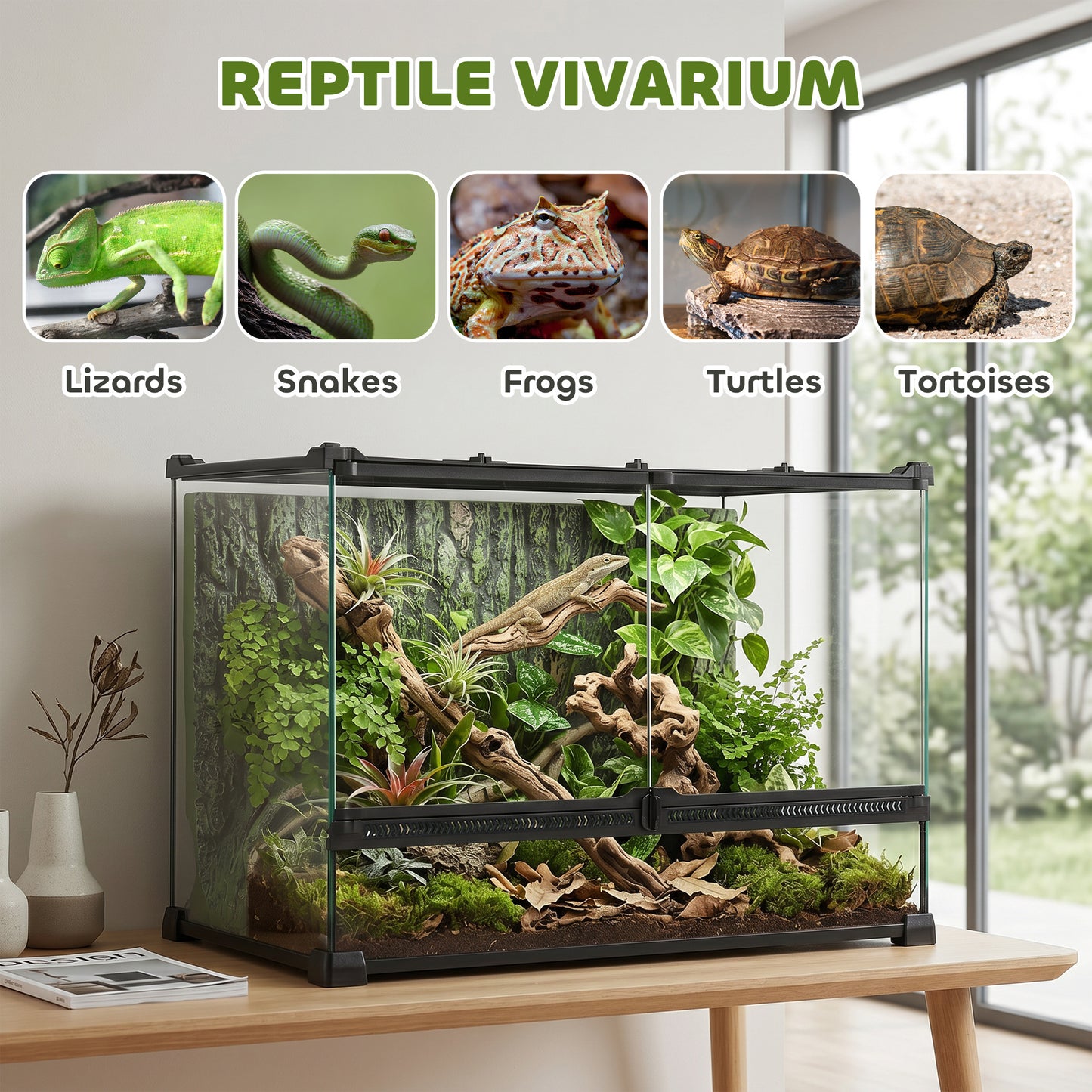 Reptile Glass Terrarium with Stone Background, Front Ventilation, Escape-Proof Knob Lock, 50 x 30 x 35 cm, Black