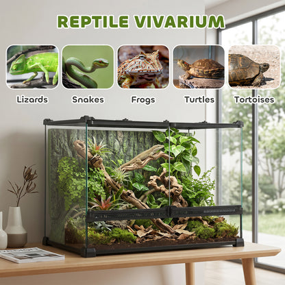 Reptile Glass Terrarium with Stone Background, Front Ventilation, Escape-Proof Knob Lock, 50 x 30 x 35 cm, Black