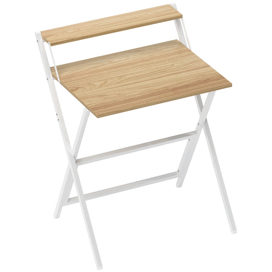 70 cm Folding Computer Desk with Monitor Shelf - Natural Wood Finish