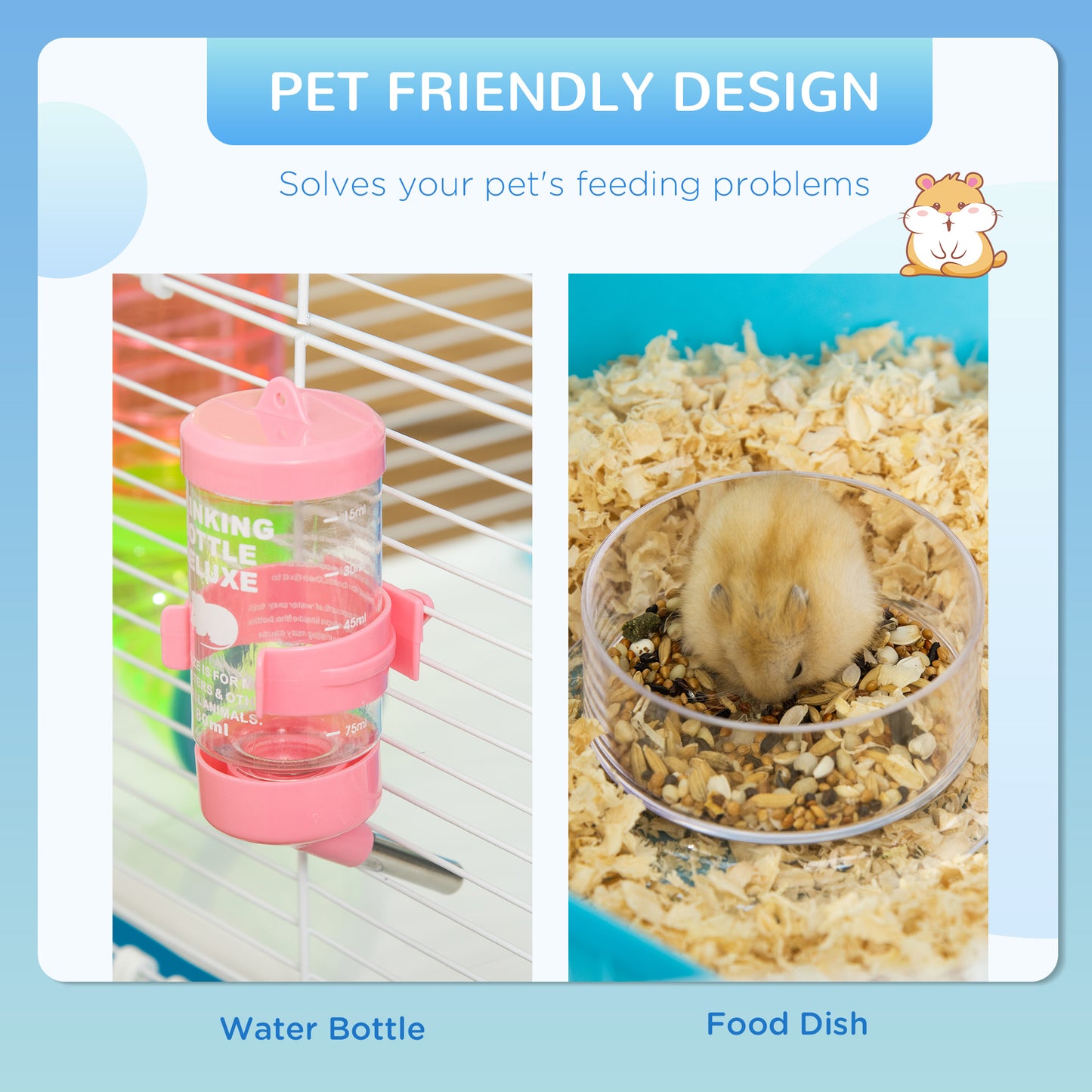 Hamster Cage w/ Water Bottle, Exercise Wheel, Tubes, Ramps - Light Blue