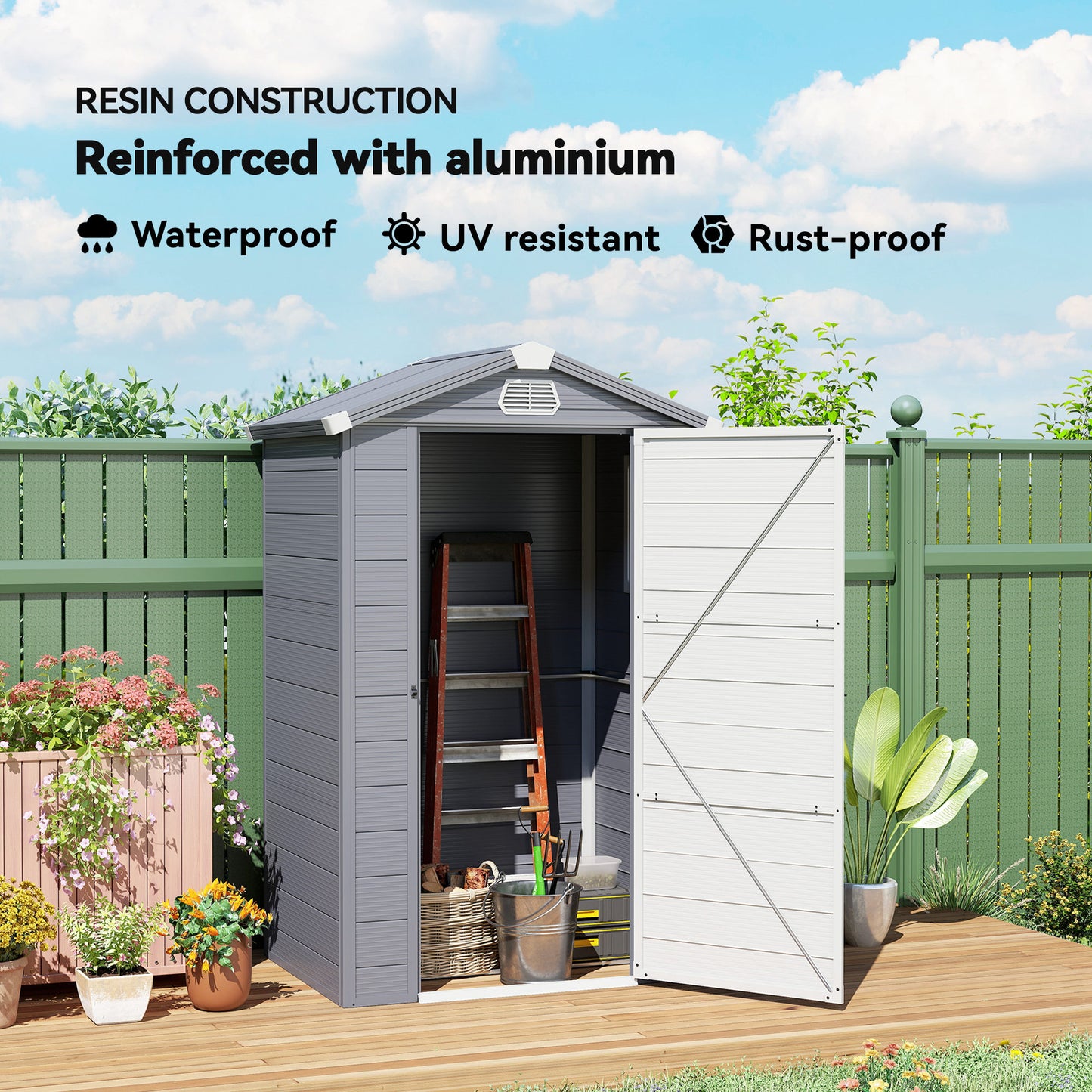 4.4ft x 3.3ft size Aluminium Frame and Plastic Wall Shed, with Foundation - Grey
