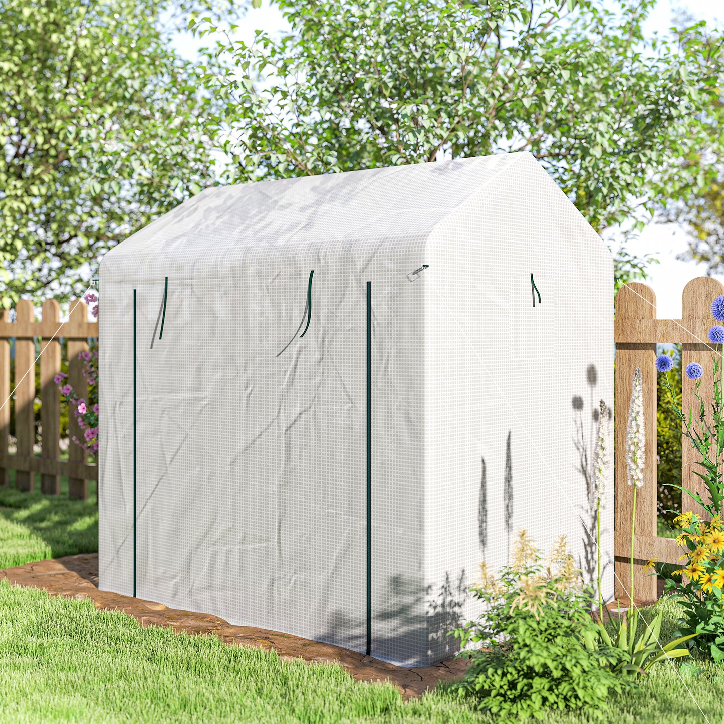 Walk-in Greenhouse, Outdoor Tomato Greenhouse with Roll-up Door and Mesh Windows, PE Cover, 200 x 140 x 200cm, White