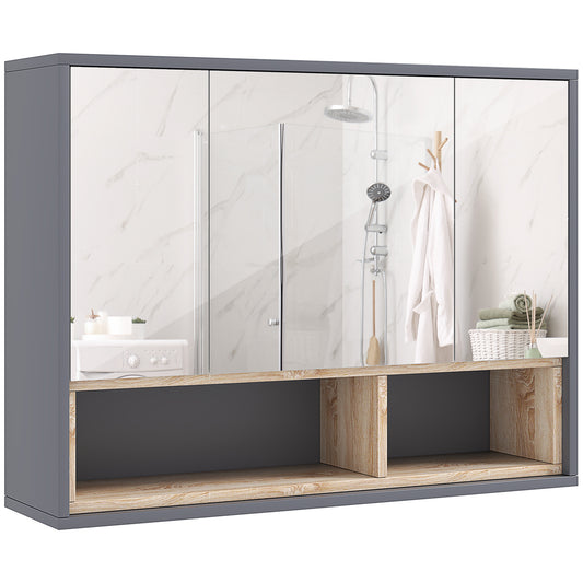 Bathroom Mirror Cabinet, Wall Mounted Bathroom Cabinet with Mirror, 3 Doors and Cupboards, Grey