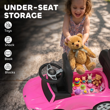 3 in 1 Licensed Benz Ride on Push Car with Handle, Canopy, Guardrails, Horn, Music, Storage for 12-36 Months, Pink