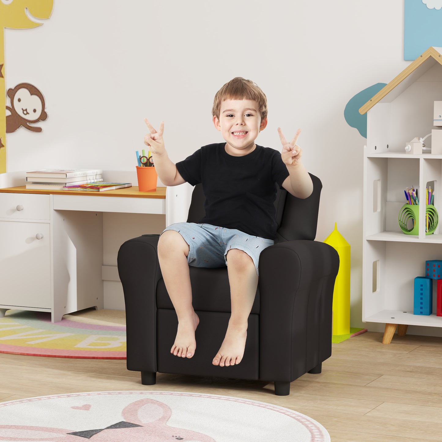 Kids Recliner Chair, PU Leather with Adjustable Backrest, Footrest, Padded Headrest, Black