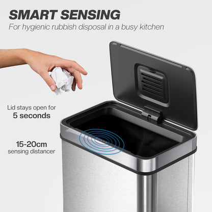 50 L Sensor Can, Sensor Bin with Soft-Close Lid, Fingerprint-Proof Stainless Steel, Silver Tone
