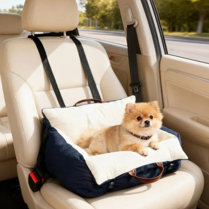Dog Car Seat, Cosy Pet Car Booster Seat for Small Dog Under 5 KG, Portable Travel Bed with Safety Belts, Navy Blue