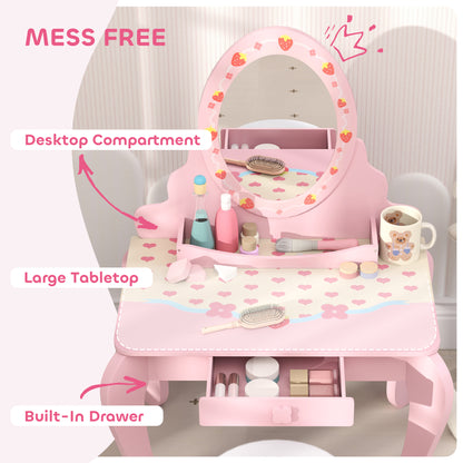 Kids Dressing Table Set, Vanity Table with Stool, Mirror, Drawer, Desktop, Storage, Strawberry-Theme, Pink