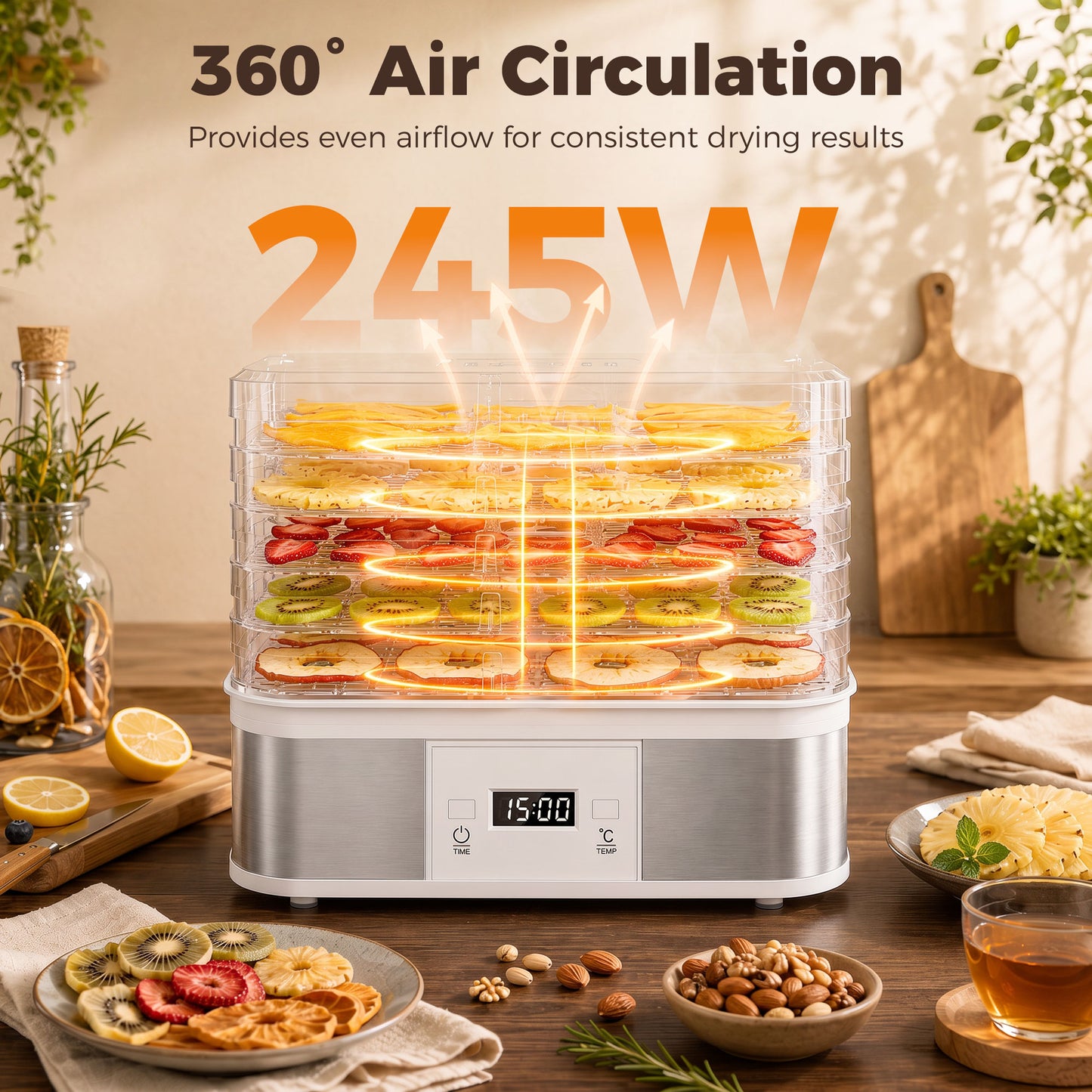 5 Tier Food Dehydrator, 245W Stainless Steel Food Dryer Machine with Adjustable Temperature