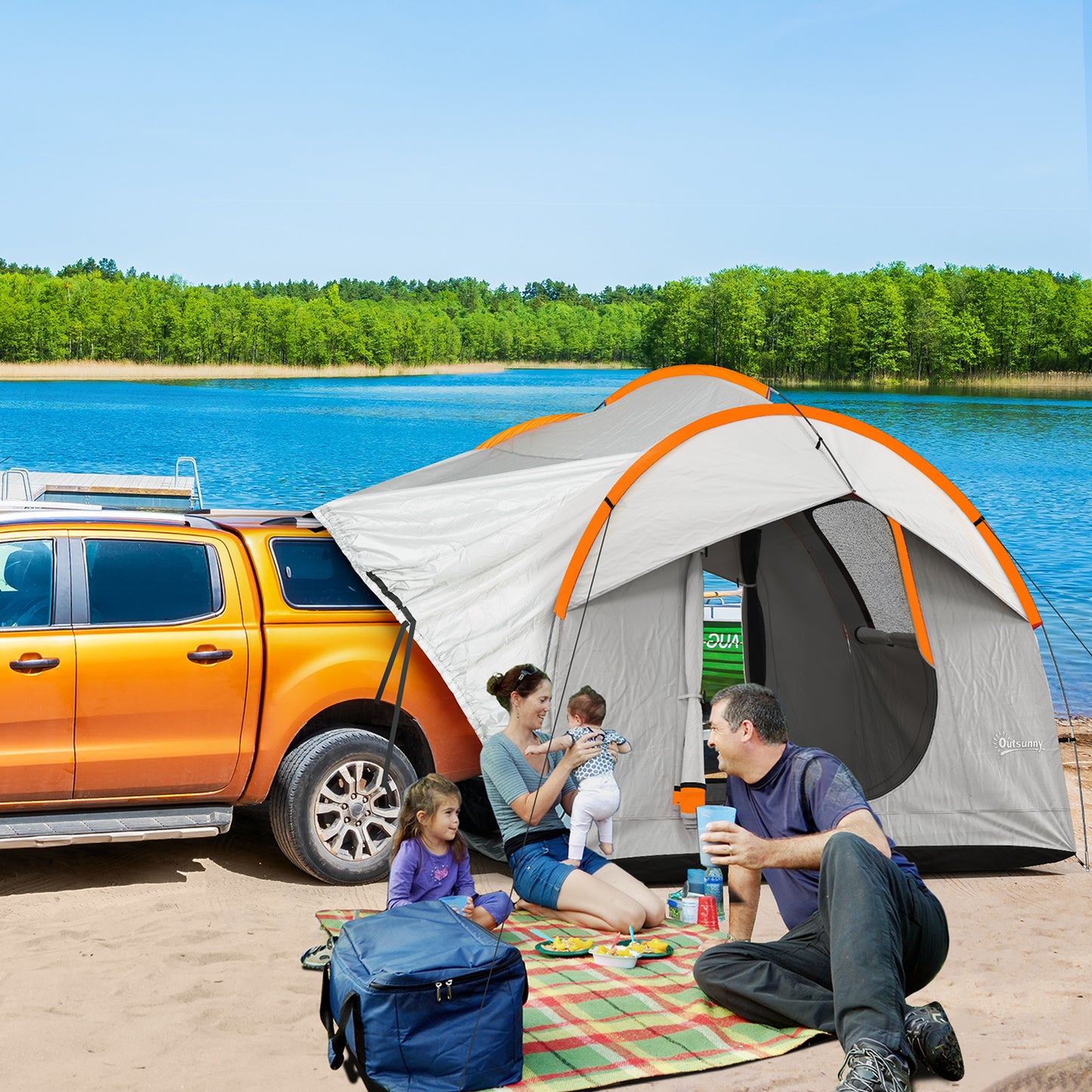 SUV Car Tent for Camping, Waterproof PU2000mm, 5 Man Tailgate Tent, 2.4 x 2.1 m, Grey and Orange