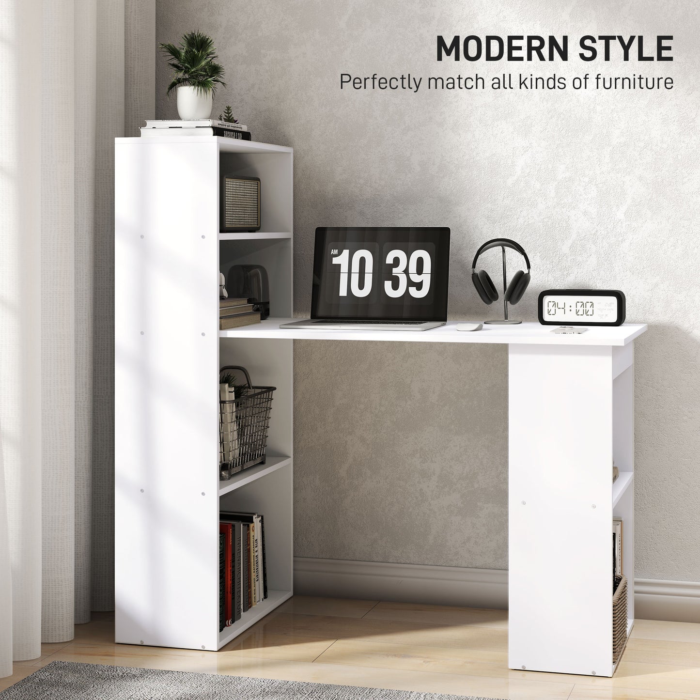 120cm Computer Desk, Wooden PC Laptop Table with 6-Tier Storage Bookshelves, Home Office Working Study Desk
