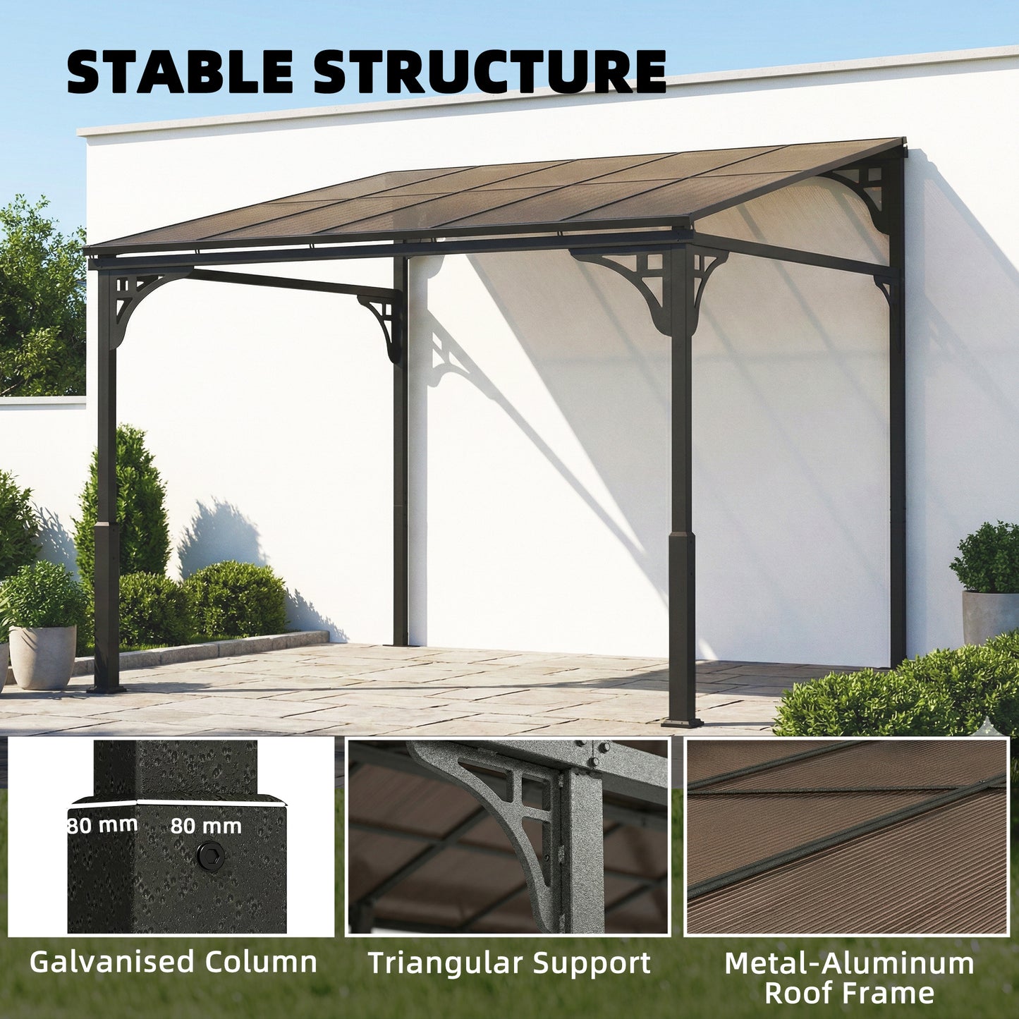 3 x 2.87 m Metal Lean-to Pergola, Wall-Mounted Hardtop Garden Pergola with Polycarbonate Roof and Metal-Aluminium Frame