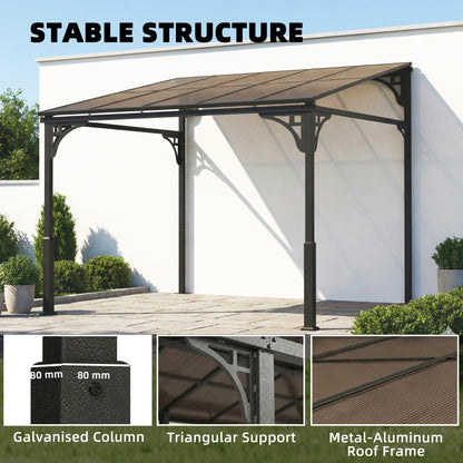 3 x 2.87 m Metal Lean-to Pergola, Wall-Mounted Hardtop Garden Pergola with Polycarbonate Roof and Metal-Aluminium Frame