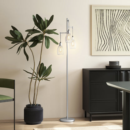 170.5cm Industrial Dimmable Standing Lamp, 3-Light Floor Lamp with Steel Wire Cage Lampshades, Silver Tone