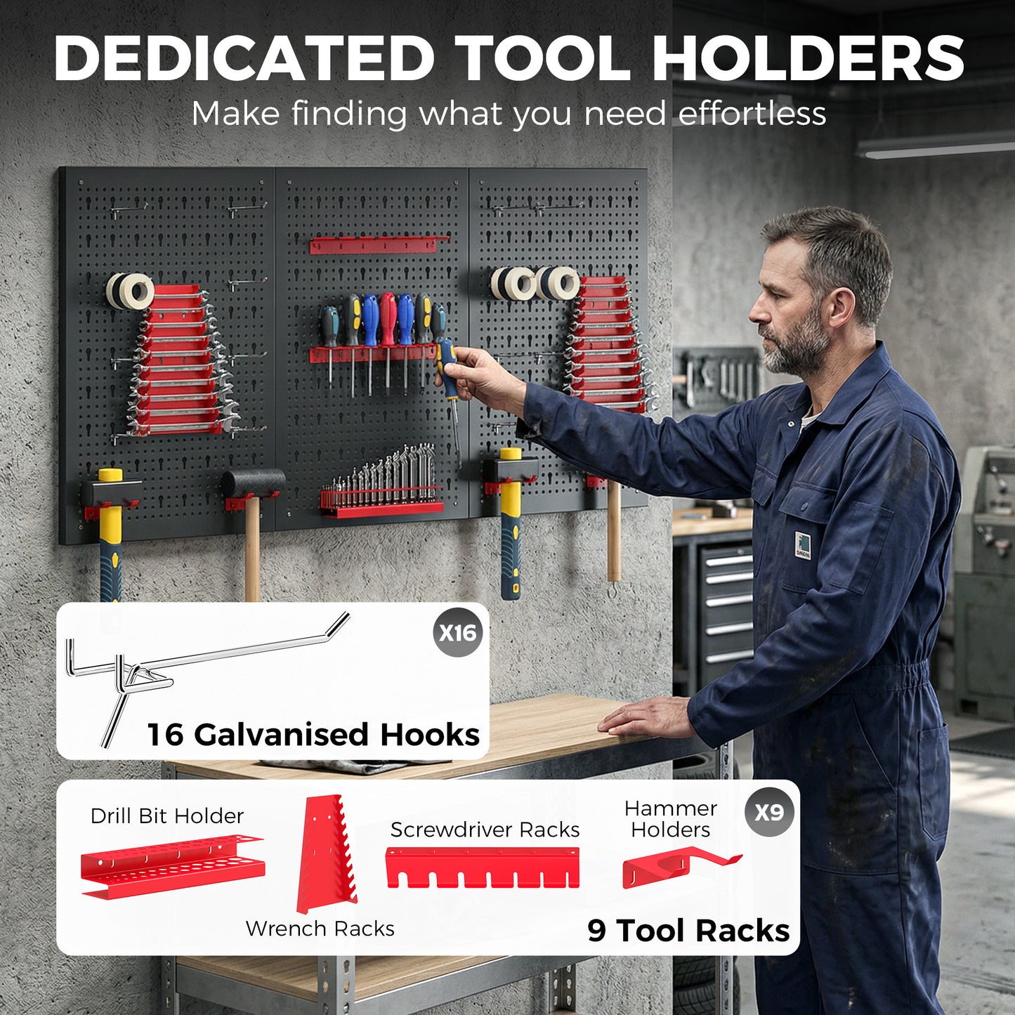 28 Pcs Wall-Mounted Pegboard with 3 Boards, Garage Tool Storage Unit Black and Red