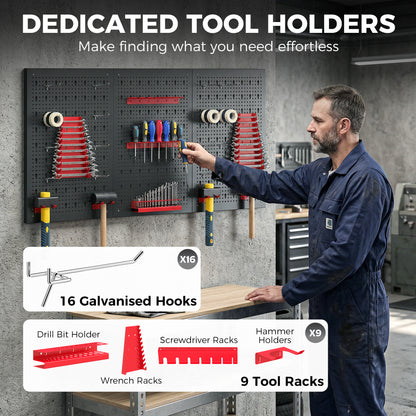 28 Pcs Wall-Mounted Pegboard with 3 Boards, Garage Tool Storage Unit Black and Red