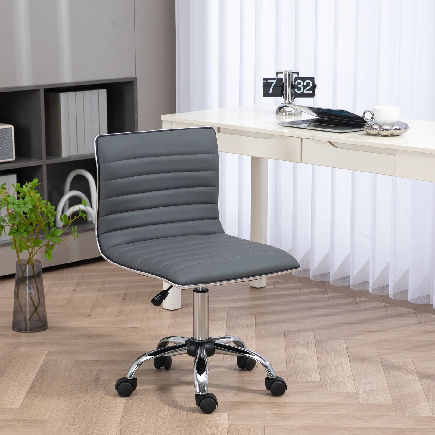 Armless Task Desk Chair, Swivel Office Chair with Faux Leather, Adjustable Seat Height, Chrome Base, Wheels for Home