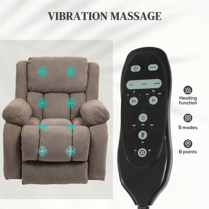 Recliner Armchair Lift Chair, Electric Recliner Chair with Vibration Massage and Heat, Wide Seat, USB Port, Light Brown