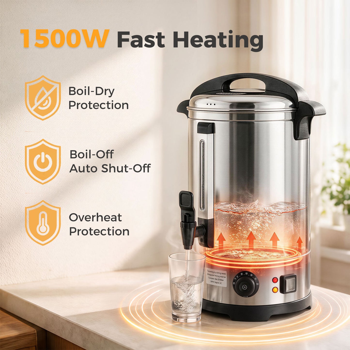6.5L Catering Urn, 1500W Stainless Steel Hot Water Boiler Dispenser with Thermostat, Keep Warm Function & Easy Pour Tap