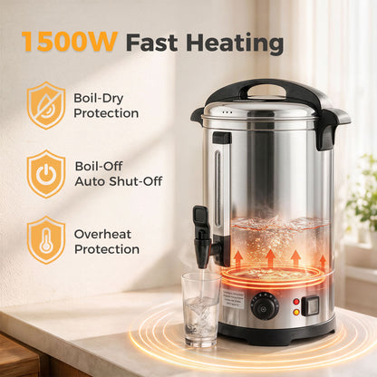 6.5L Catering Urn, 1500W Stainless Steel Hot Water Boiler Dispenser with Thermostat, Keep Warm Function & Easy Pour Tap