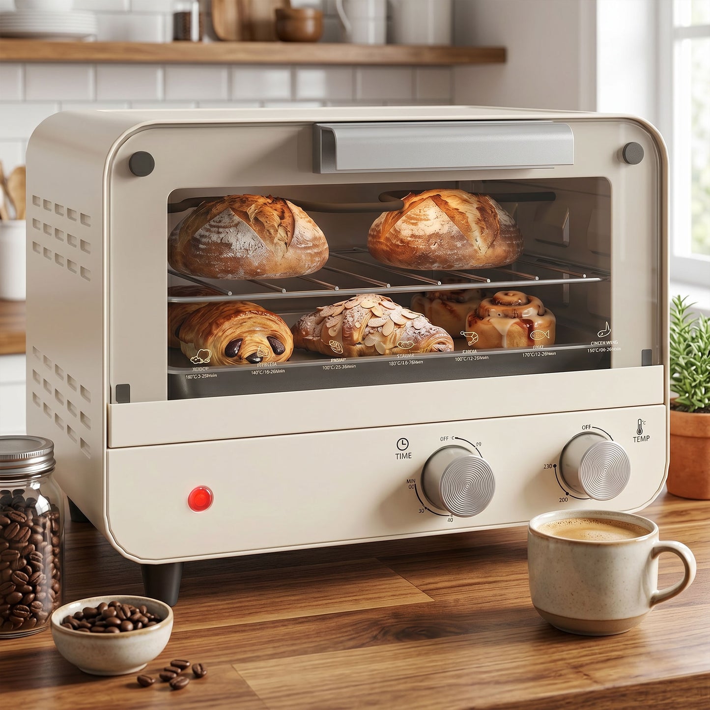 Mini Oven, Small Toaster Oven with Glass Door, Adjustable Temperature and Timer, Accessory Included, 750W, Cream White