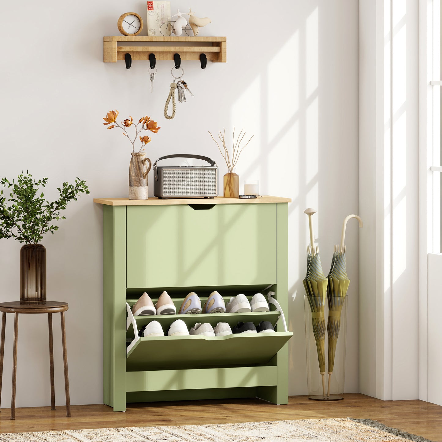 Slim Shoe Cabinet, Narrow Shoe Cupboard with 2 Flip Drawers, Adjustable Shelves for 12 Pairs of Shoes, Green
