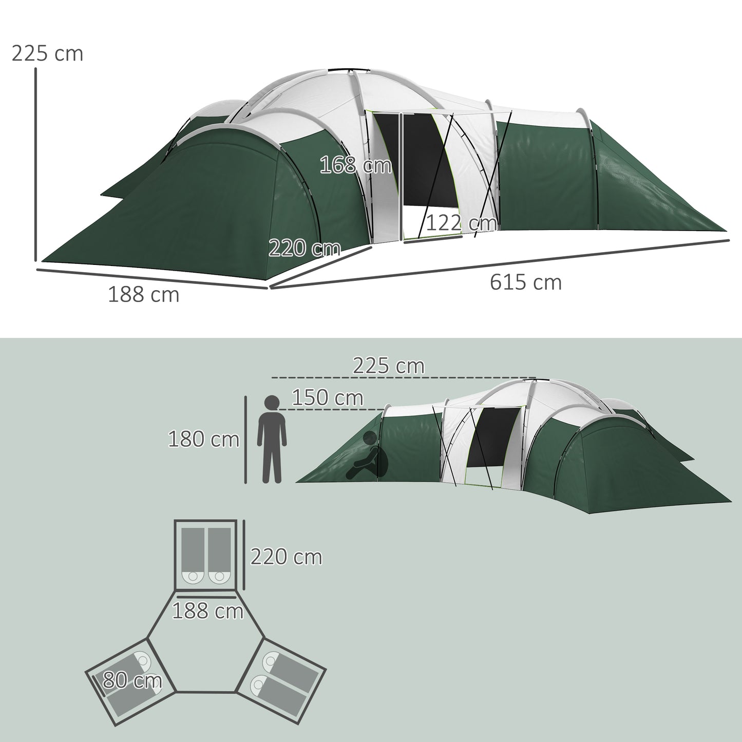 6-9 Man Tent with Bedrooms and Living Room, Accessories Included, Green