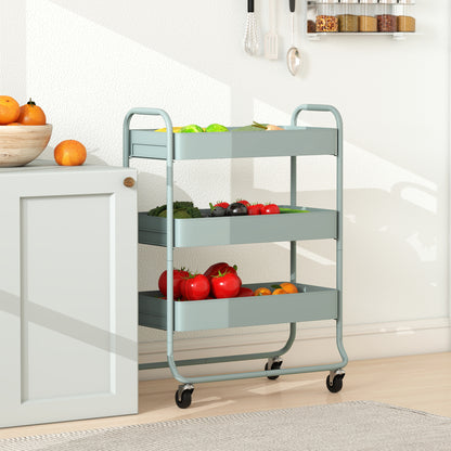 3-Tier Storage Trolley on Wheels, Rolling Utility Cart with Mesh Backets for Kitchen, Bathroom, Bedroom, Light Green
