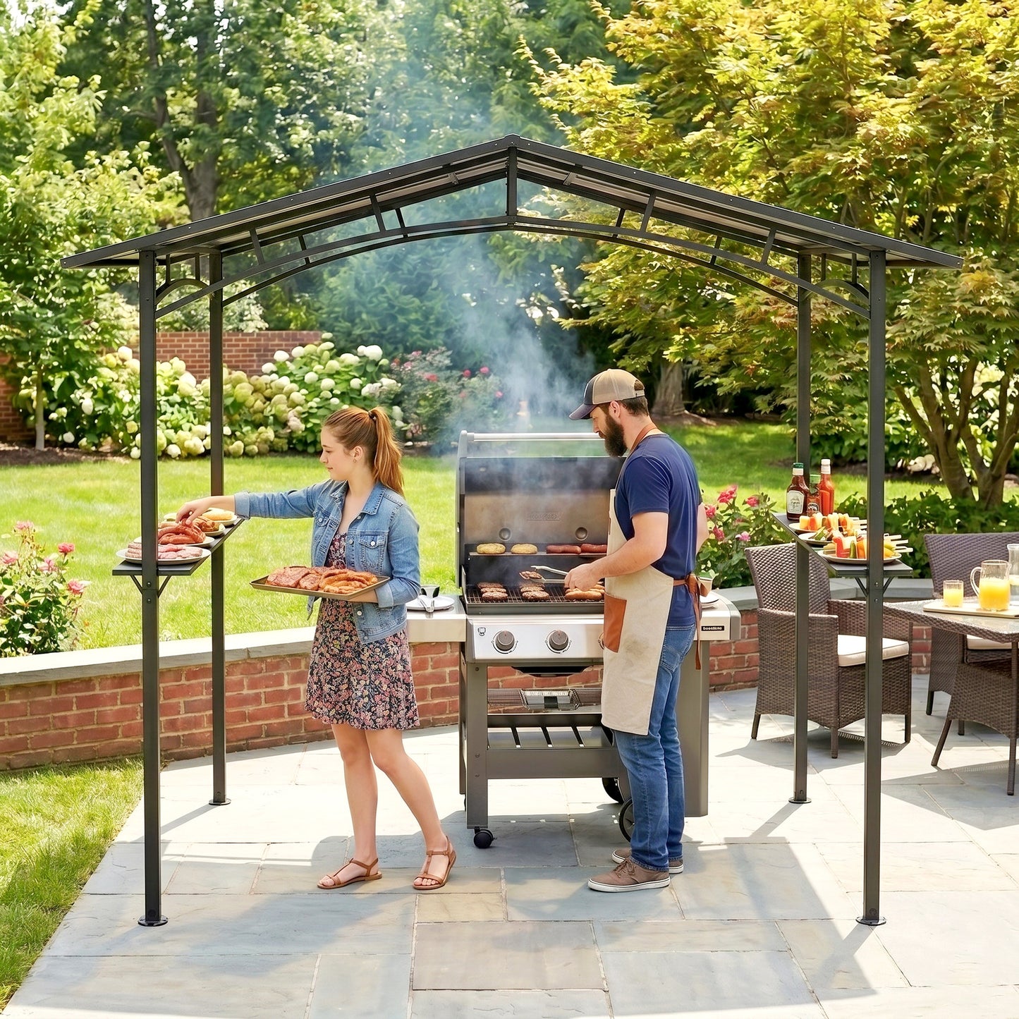 246 x 149cm Outdoor BBQ Protective Gazebo Tent Aluminium Steel Frame w/ 2 Shelves Hardtop Roof Canopy Ground Stakes Safe Cook