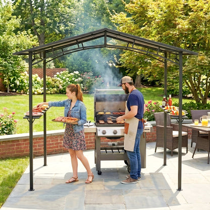 246 x 149cm Outdoor BBQ Protective Gazebo Tent Aluminium Steel Frame w/ 2 Shelves Hardtop Roof Canopy Ground Stakes Safe Cook