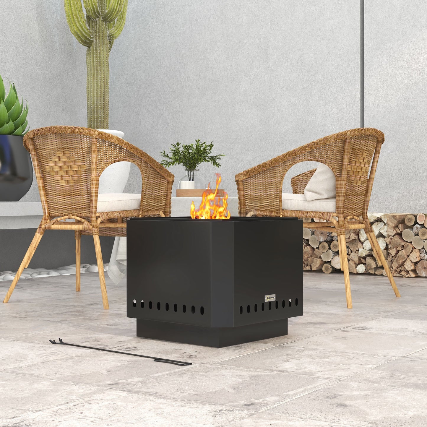 Smokeless Fire Pit, 48 cm Portable Wood Burning Firepit, Square Metal Bonfire Stove with Poker, Black