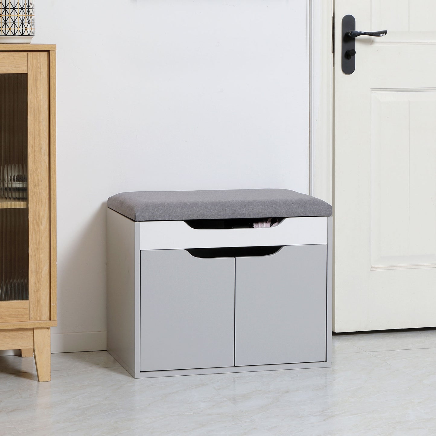 Shoe Bench with Cushion, Modern Storage Bench with Padded Seat, 2-tier Cabinet, Hidden Storage