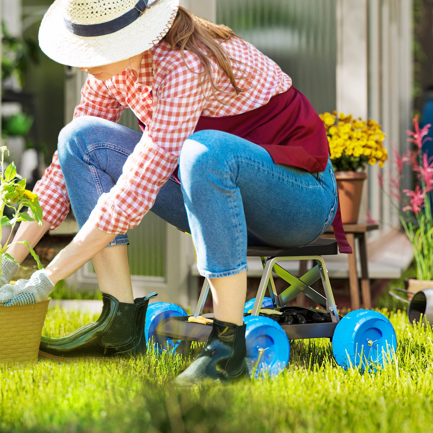 Garden Storage Cart, with Top Seat - Blue