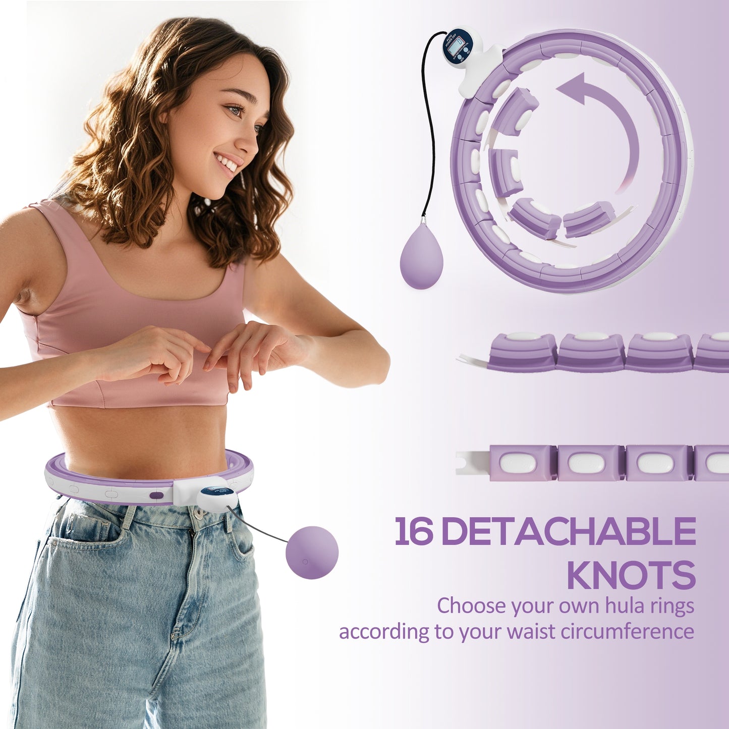 Smart Weighted Hula Hoop, Massage Hula Ring w/ 16 Detachable Knots, 360° Auto-Rotating Ball, Digital Counter, Purple