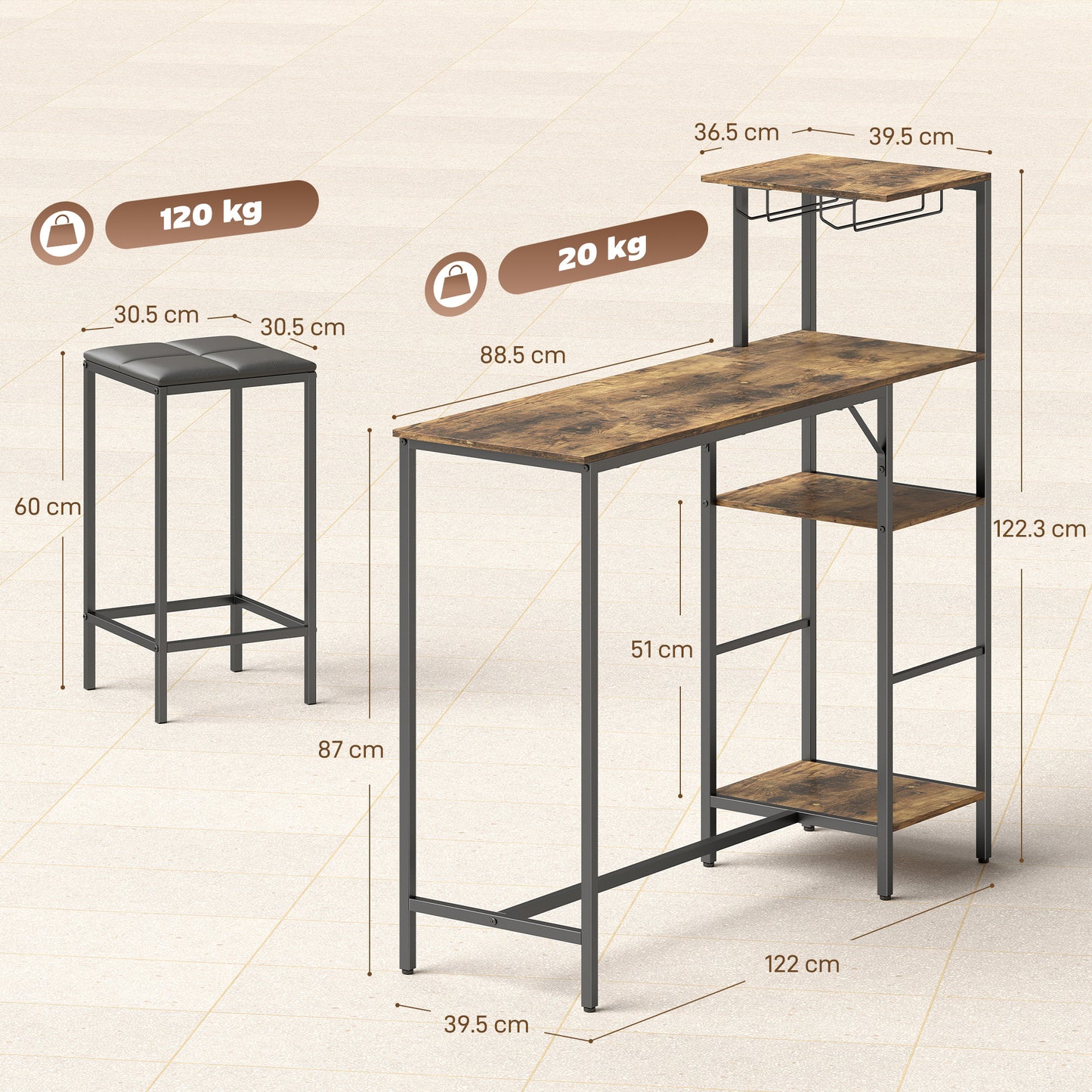 3 Piece Breakfast Bar Table and Stools Set, Rustic Brown