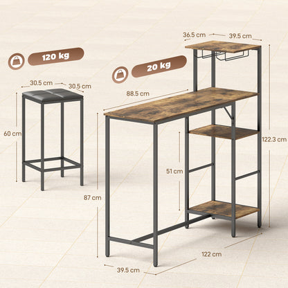 3 Piece Breakfast Bar Table and Stools Set, Rustic Brown