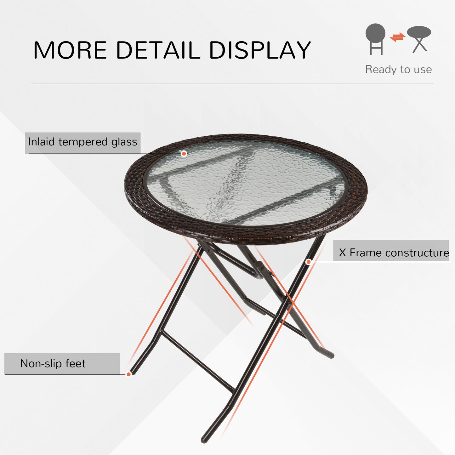Folding Rattan Garden Dining Table, 68 cm Round Rattan Garden Table with Water Ripple Tempered Glass Top