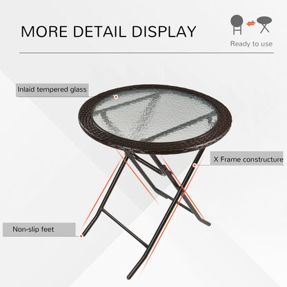 Folding Rattan Garden Dining Table, 68 cm Round Rattan Garden Table with Water Ripple Tempered Glass Top