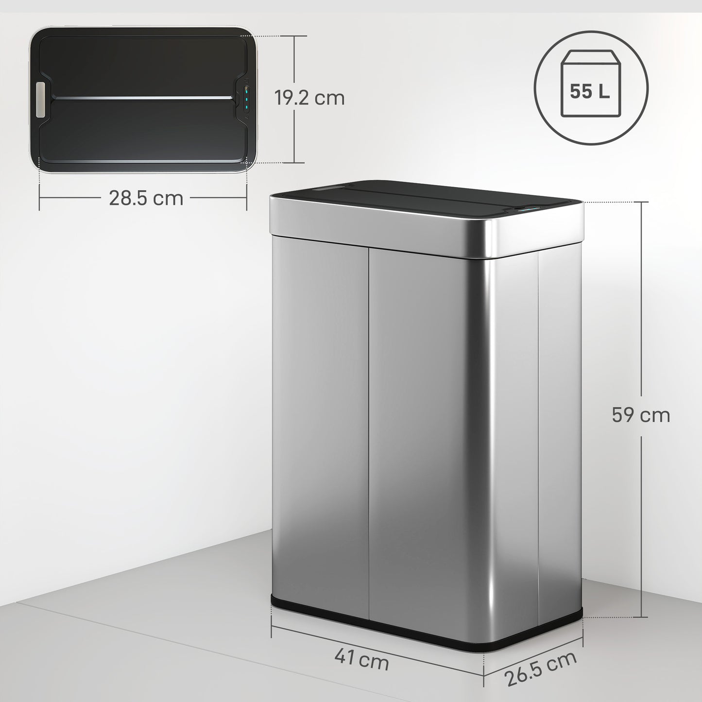 55L Sensor Bin, Large Automatic Touchless Rubbish Bin with Soft-Close Lid, Silver Tone