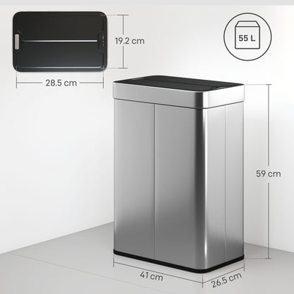 55L Sensor Bin, Large Automatic Touchless Rubbish Bin with Soft-Close Lid, Silver Tone