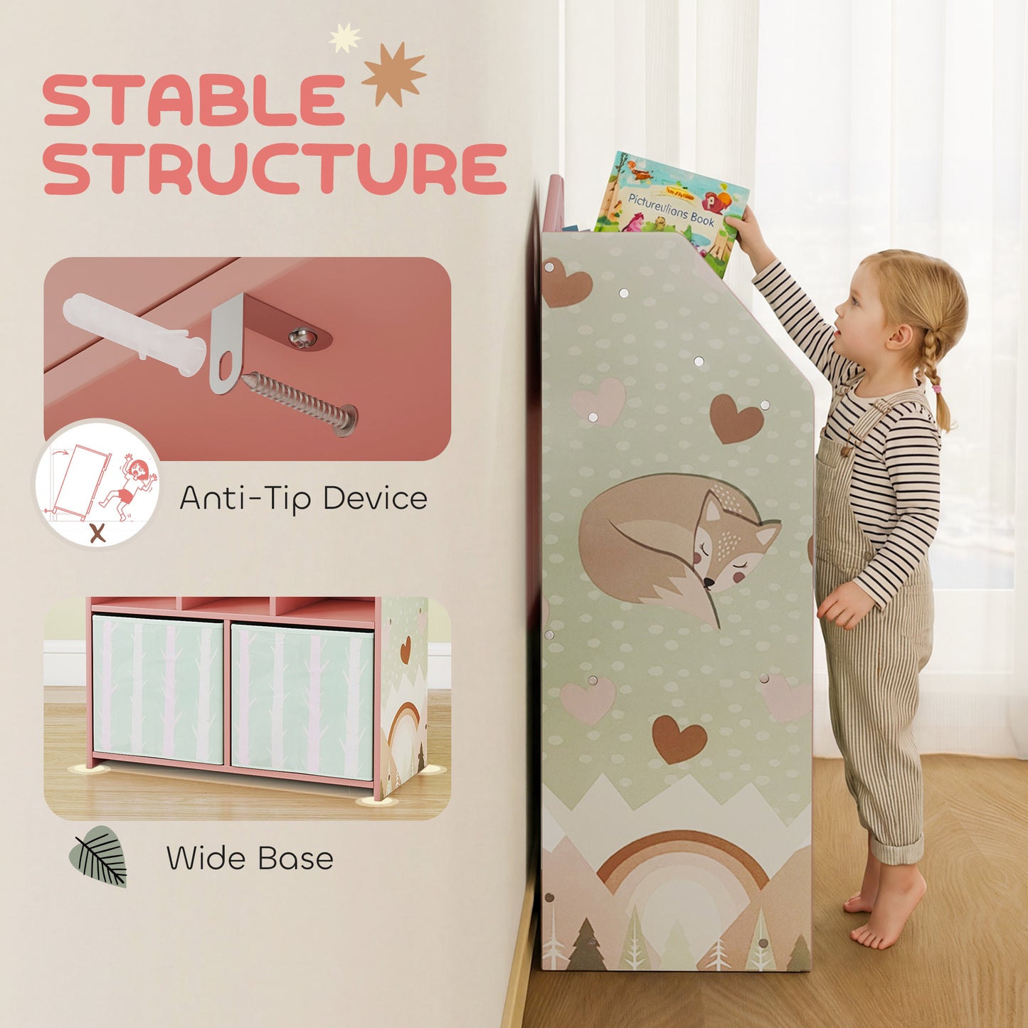 Kids Bookshelf with Storage, Toy Storage Unit with Book Display, Shelves and Fabric Drawers for Playroom Nursery, Pink