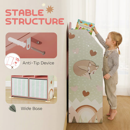 Kids Bookshelf with Storage, Toy Storage Unit with Book Display, Shelves and Fabric Drawers for Playroom Nursery, Pink
