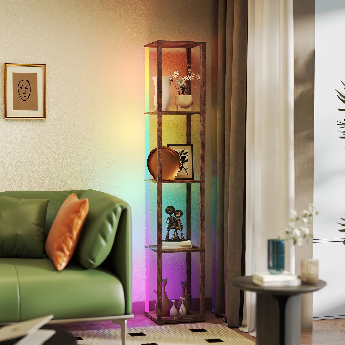 RGB LED Floor Lamp with Shelves, Modern Dimmable Standing Lamp with Remote Control